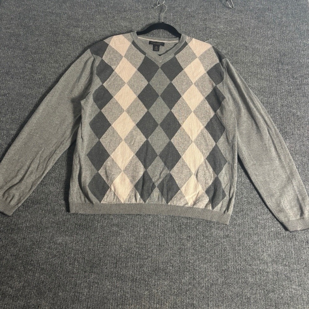 Vintage Banana Republic Sweater Mens XL Gray Argyle Silk Cashmere V Neck 2000s